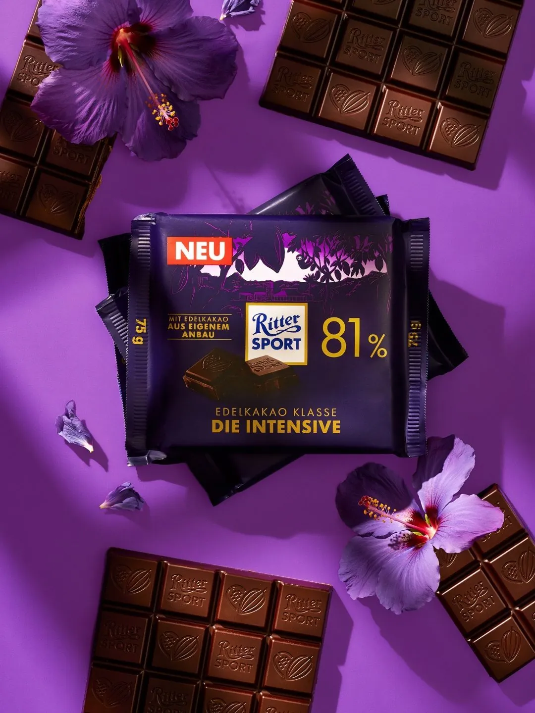 Ritter Sport 81 Prozent auf Lila mit Hibiskus
